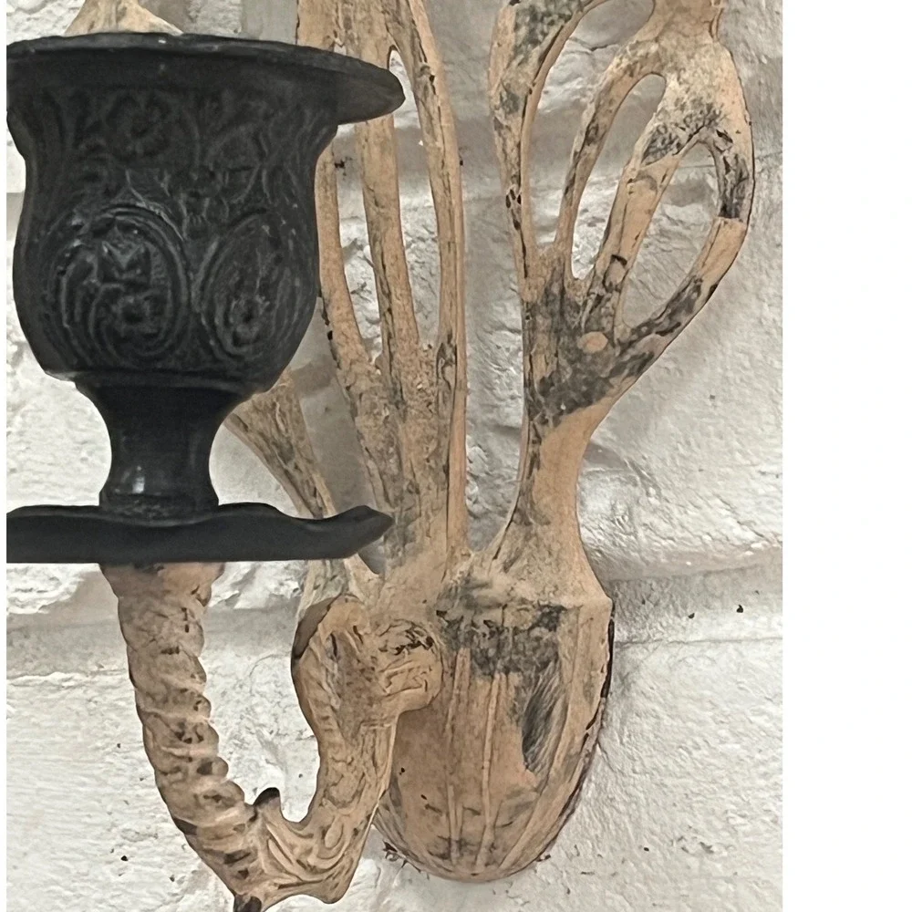 Vintage Shabby Chic Cast Iron Sconces Pair French Country Wall‎ Candle Holders